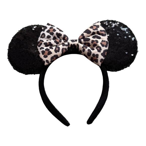 Mouse EARS HEADBAND Black Sequin & Cheetah Animal Print Bow Adult 11" Accessory - Picture 1 of 4
